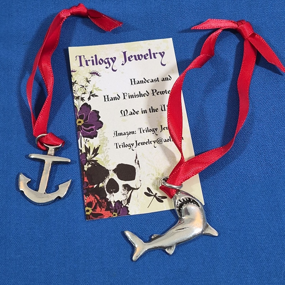 SHARK Swimming GREAT WHITE Anchor OCEAN Beach PEWTER Ornaments Lot Of 2